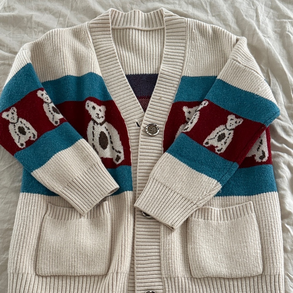 Women Cream and Teal Sweater with Bear Design